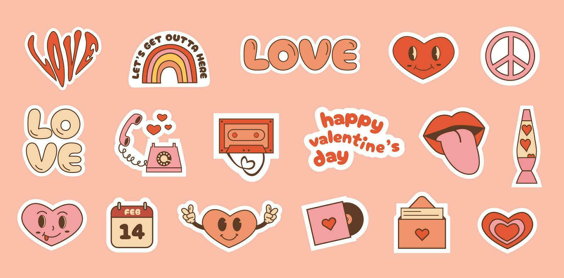 gelukkig valentijnsdag dag sticker reeks in modieus retro Jaren 60 jaren 70 stijl. funky groovy hippie grafiek. verzameling van grappig liefde pictogrammen. wijnoogst y2k dating en romance cliparts. vector vlak illustratie geïsoleerd