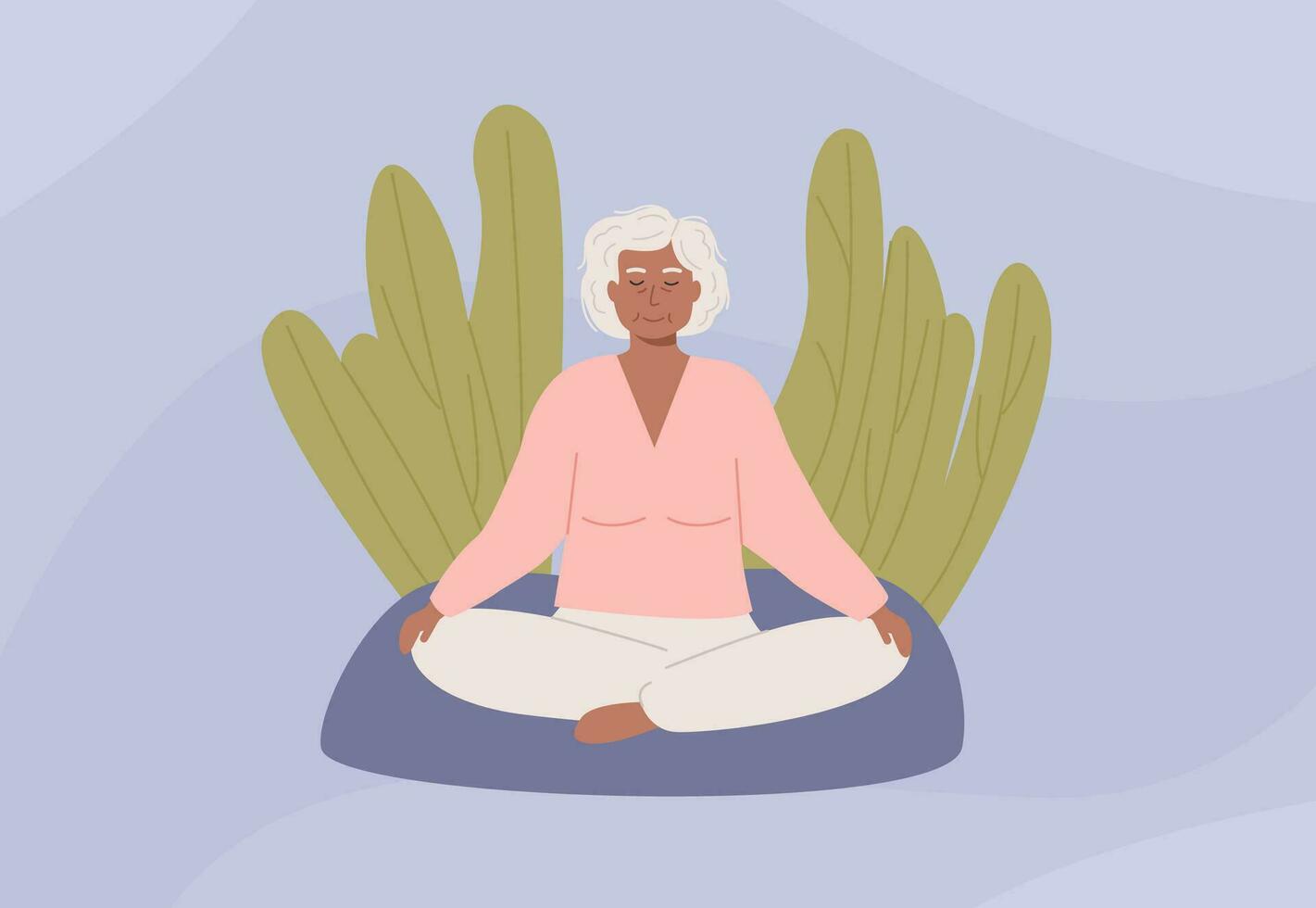 senior vrouw mannetje persoon zittend buitenshuis Bij park en beoefenen yoga. modern ouderen vrouw Mens met gekruiste poten Gesloten ogen mediteren Aan natuur. meditatie, buik ademen geestelijk oefening. vector