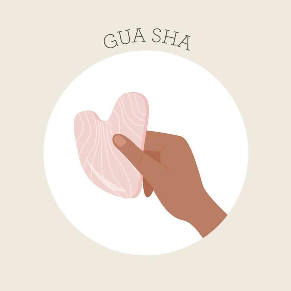 gua sha schrapen massage gereedschap Holding door hand. natuurlijk roze roos kwarts steen schraper. gelaats massage. gezicht hijsen. huid zorg. modieus schoonheid behandeling. vector vlak illustratie geïsoleerd Aan wit.