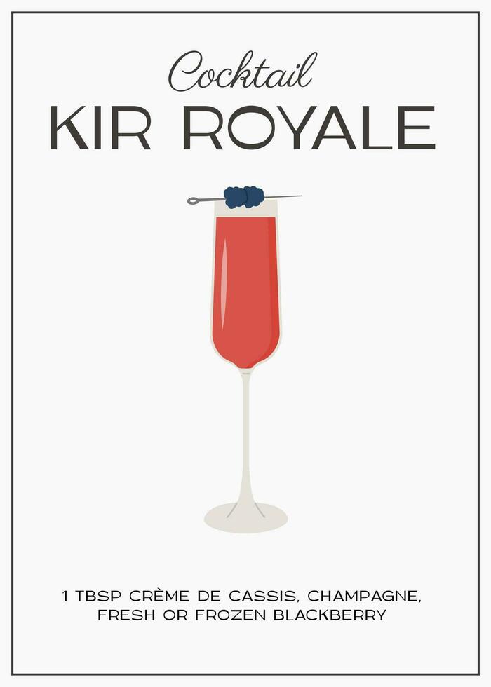 kir royale cocktail met Champagne in fluit glas garneer met braambes. klassiek alcoholisch drank recept modern afdrukken. zomer Frans aperitief. hedendaags poster voor bar menu. vector illustratie