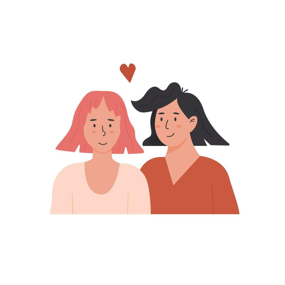 schattig lesbienne paar. portret van aanbiddelijk jong Dames flirten met elk ander. homoseksueel romantisch partners Aan datum. concept van liefde, passie en homoseksualiteit. vlak tekenfilm vector illustratie.