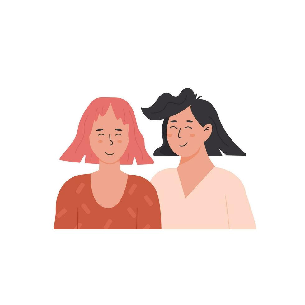 schattig lesbienne paar. portret van aanbiddelijk jong Dames flirten met elk ander. homoseksueel romantisch partners Aan datum. concept van liefde, passie en homoseksualiteit. vlak tekenfilm vector illustratie.