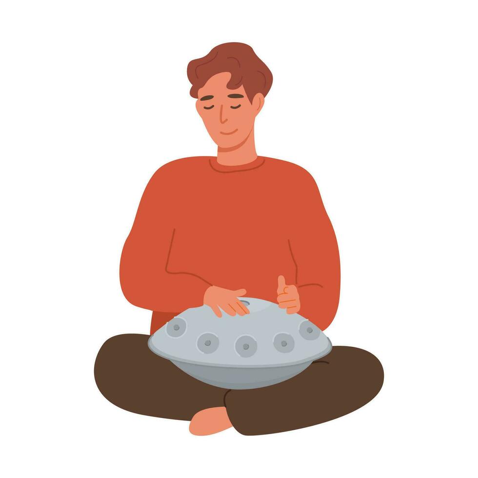 jong meisje jongen spelen hangen trommel. vrouw mannetje persoon met traditioneel volk handpan musical instrument. geestelijk Dames met hand- pan percussie muziek- instrument. vector karakter Aan achtergrond.