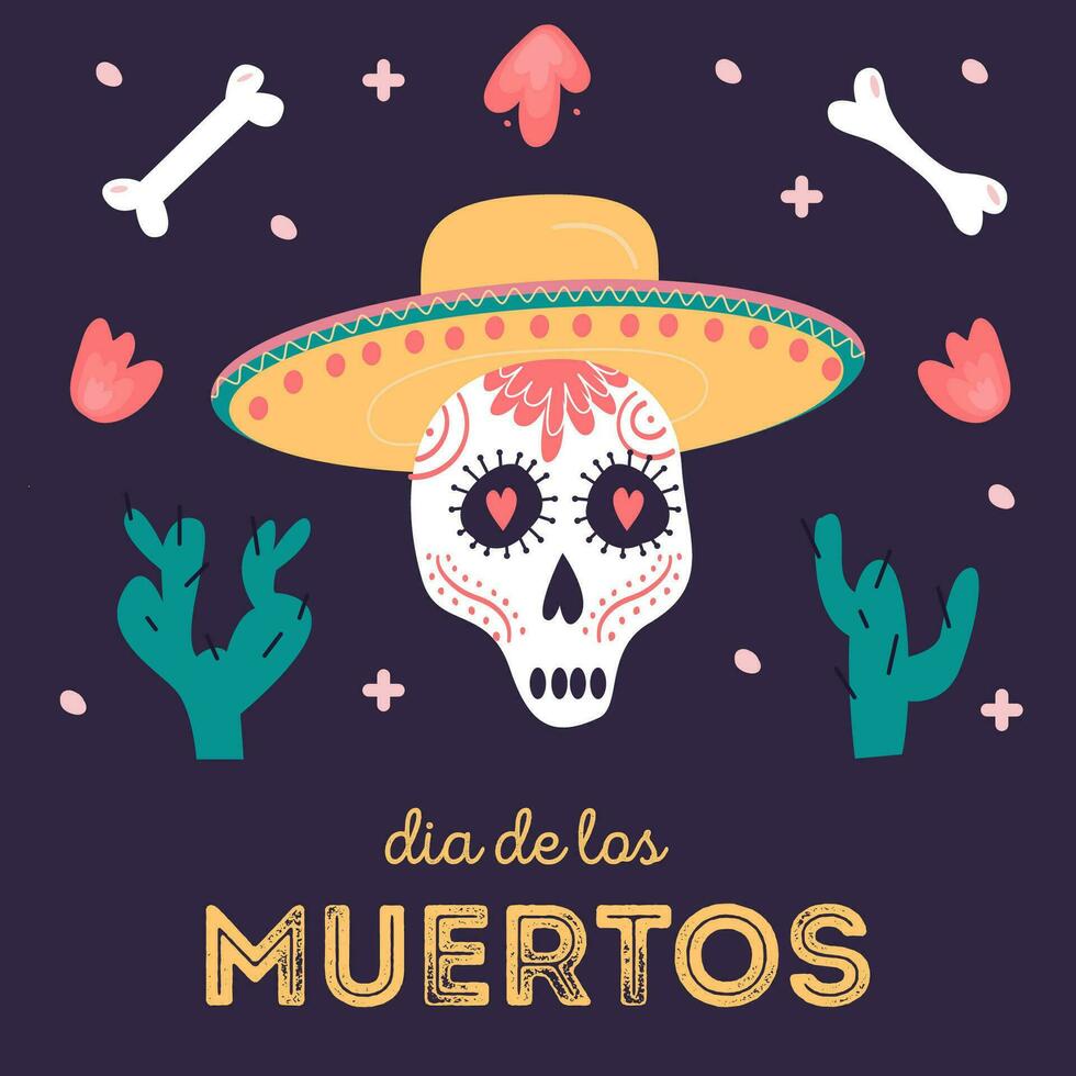 decoratief plein kaart met suiker schedel vervelend sombrero. Mexicaans nationaal vakantie dag van de dood. feestelijk sjabloon voor dia de los Muertos versierd door botten, bloemen en cactus. vector illustratie.