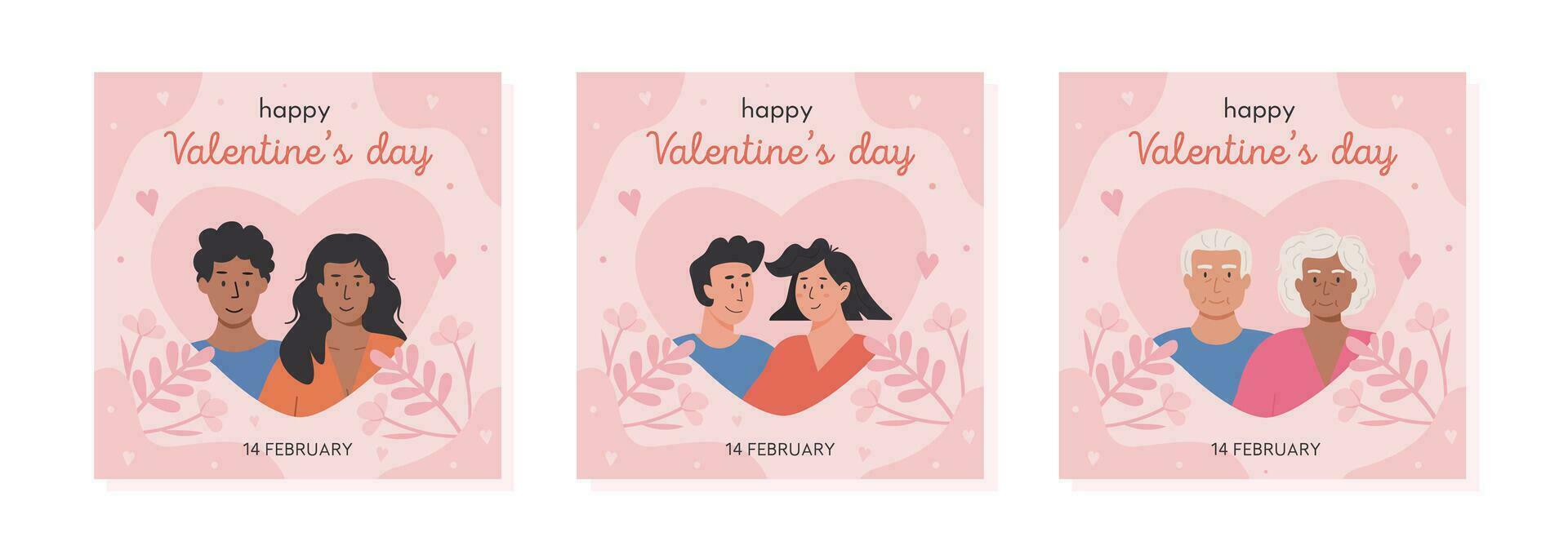 gelukkig valentijnsdag dag plein groet kaart met modern senior mensen. ouderen schattig grootmoeder en opa in liefde. verschillend oud leeftijd paar. vector illustratie in vlak stijl.