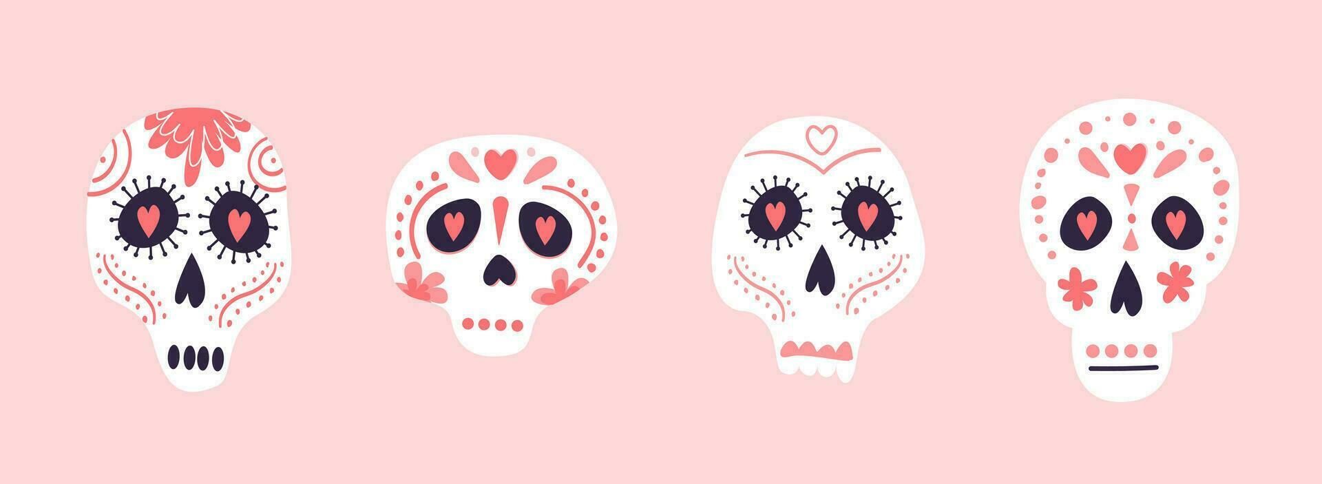 vector reeks van Mexico suiker schedels elementen dia de los Muertos symbolen in vlak hand- getrokken stijl geïsoleerd Aan achtergrond. calavera Catrina met bloemen sier- decoratie. dag van de dood. illustratie