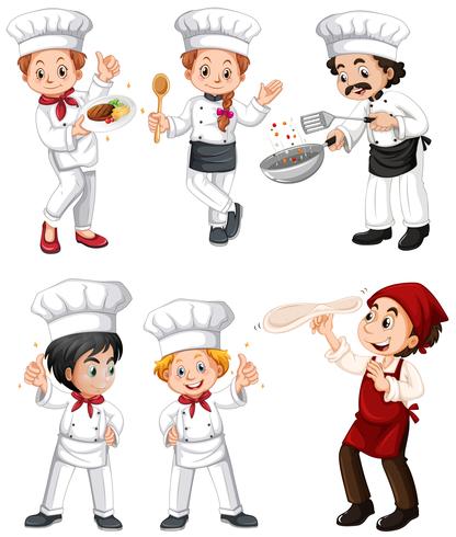 Zes verschillende chef-kok en bakkers vector