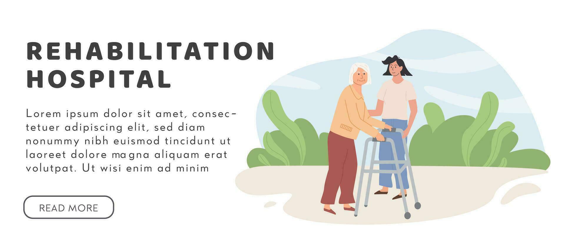 een verzorger en oud leeftijd vrouw met orthopedische wandelaar buitenshuis. bijgestaan leven concept. vrijwilliger helpen ouderen dame. horizontaal web banier sociaal arbeider wandelen met senior persoon in natuur. vector