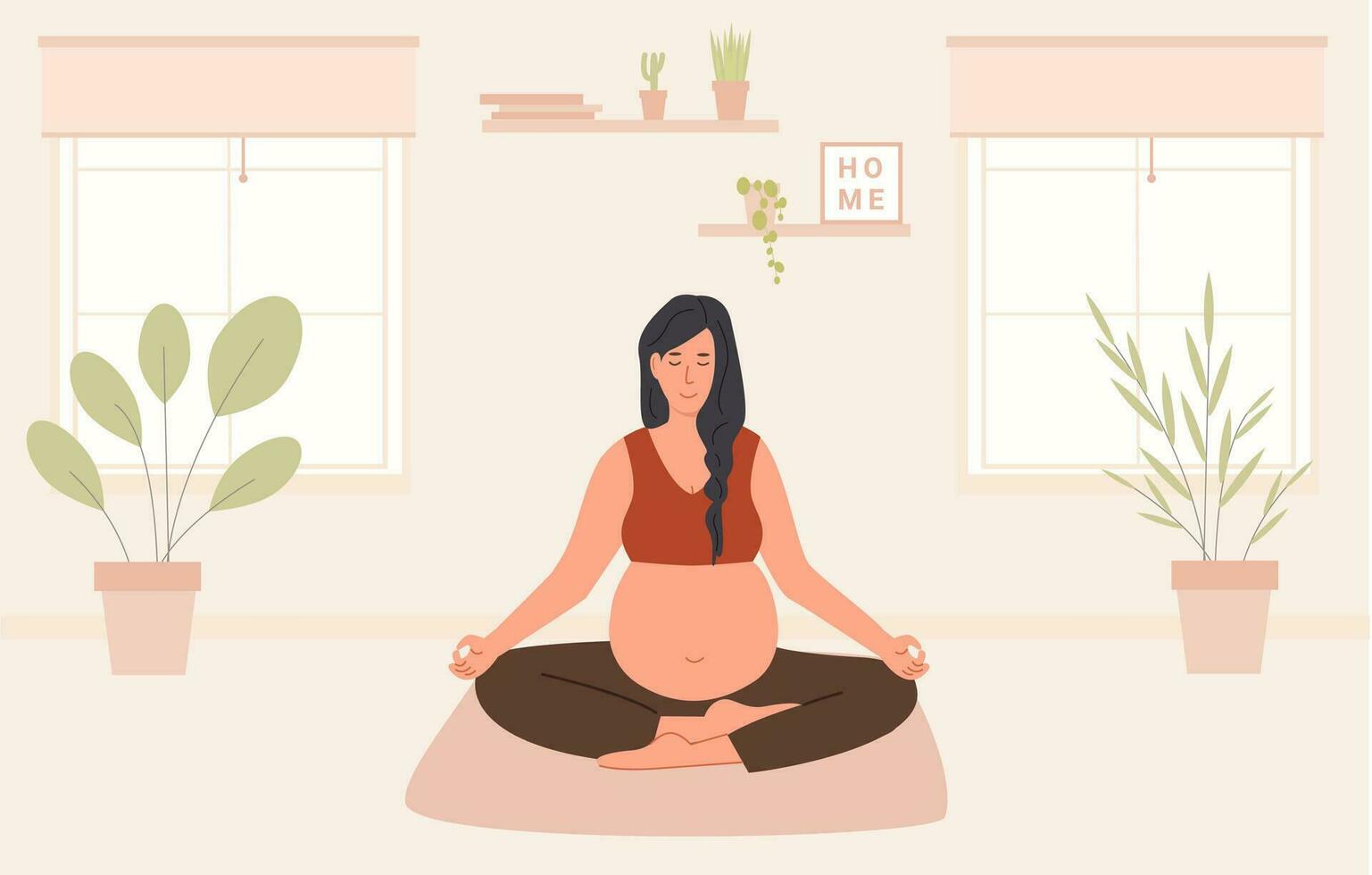 zwanger vrouw mediteren Bij huis. prenataal yoga. vrouw zittend met poten gekruiste beoefenen meditatie. ontspannende oefening gedurende zwangerschap. moeder met buik Aan een mat. vlak stijl vector illustratie.