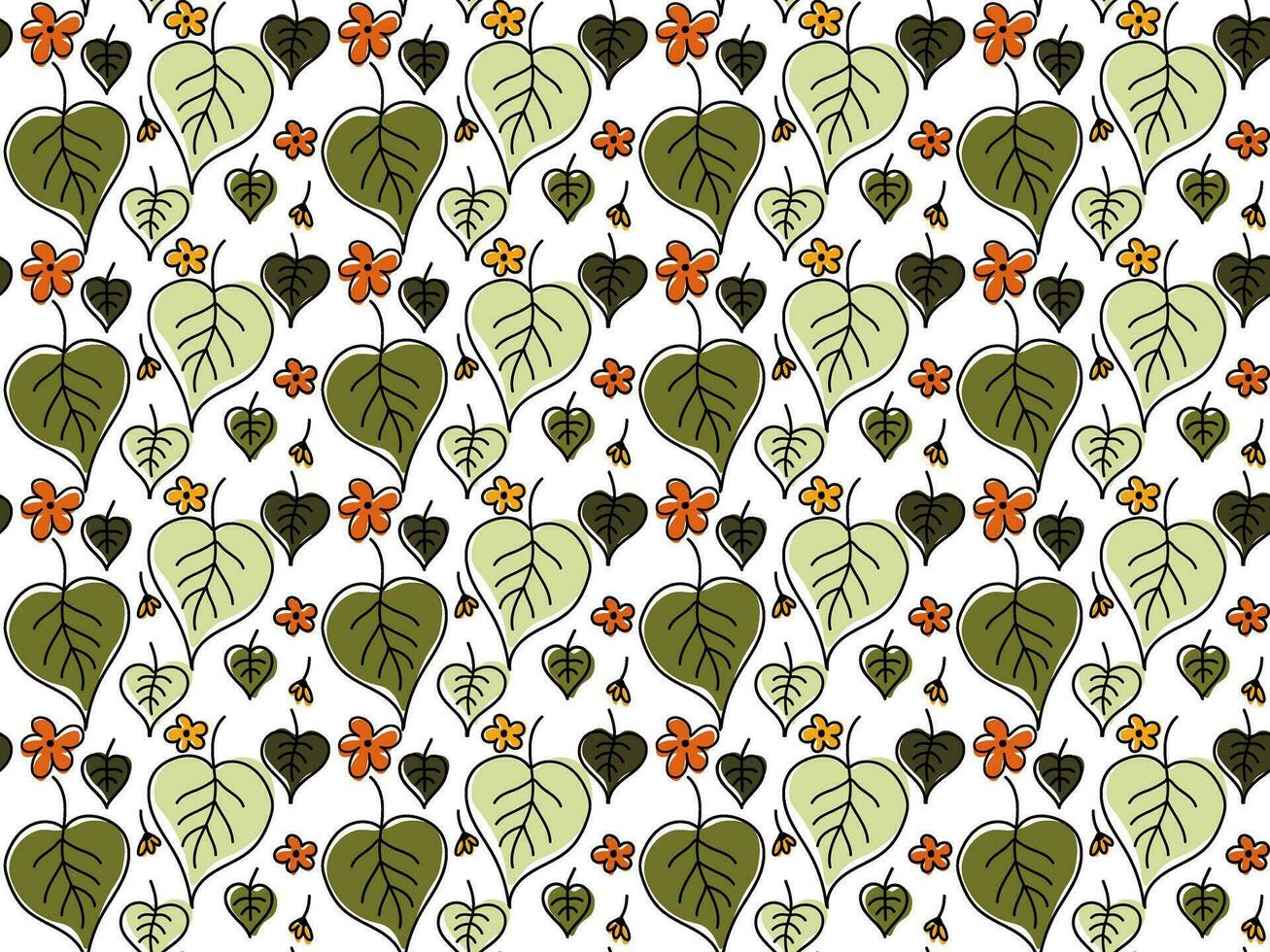 naadloos tekening patroon van groen bladeren en geel en oranje bloemen, weide, bloem bed, kamille vector