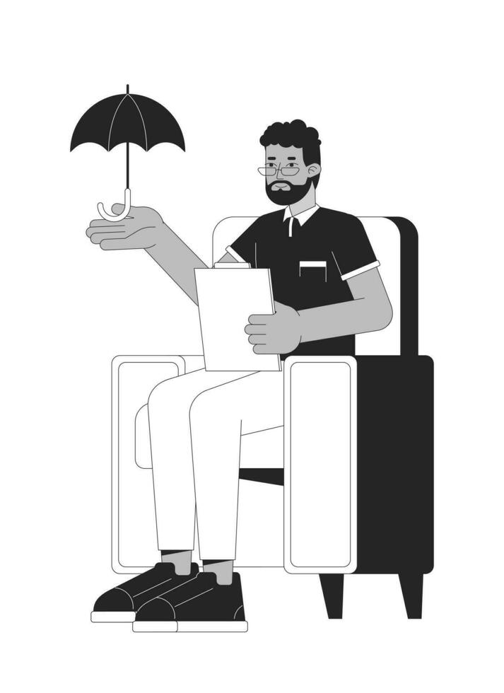 psycholoog helpt met depressie zwart en wit 2d lijn tekenfilm karakter. Afro-Amerikaans mannetje raadgever geïsoleerd vector schets persoon. psychologisch traktatie monochromatisch vlak plek illustratie