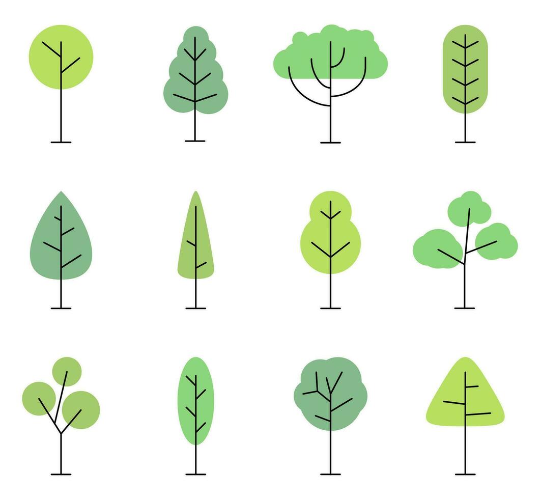 vlak stijl bomen icoon reeks geïsoleerd Aan wit achtergrond. Woud boom natuur planten, vector illustratie.