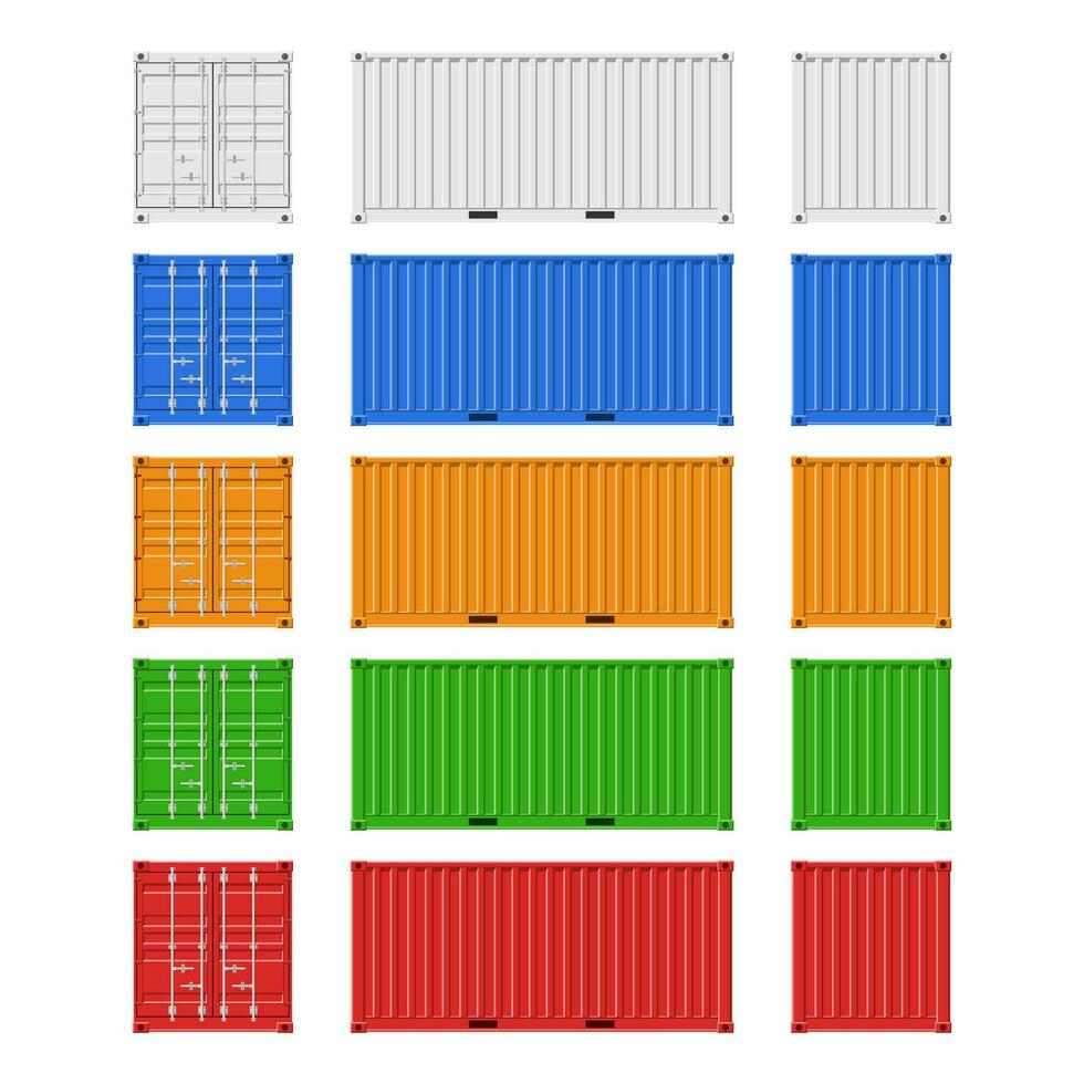 lading containers reeks voor vracht Verzending en zee exporteren geïsoleerd Aan wit achtergrond. voorkant, terug en kant visie. logistiek en vervoer vector illustratie