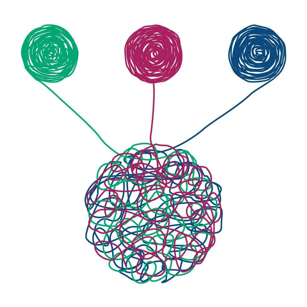 ontrafelen verstrikt wirwar. psychotherapie concept. metafoor van probleem oplossen, chaos en troep, moeilijk situatie. psycholoog ontrafelt verstrikt wirwar ontward. vector illustratie