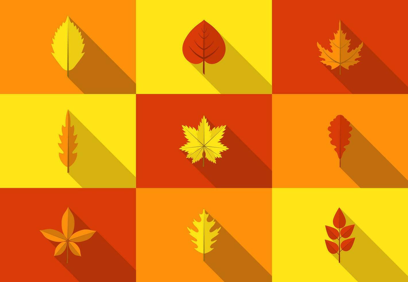 reeks van kleurrijk herfst bladeren pictogrammen met lang schaduw. gedaald herfst bladeren verzameling in vlak stijl. vector illustratie.