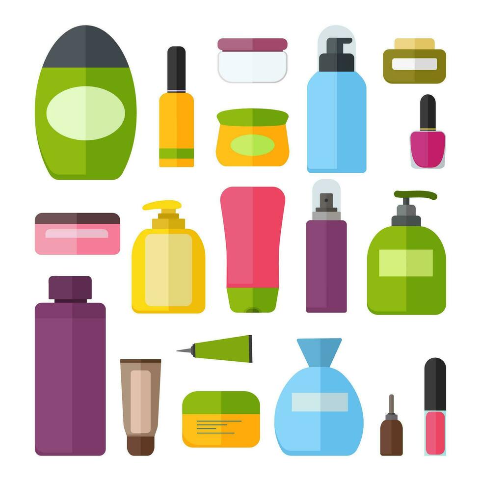 reeks van vector kleurrijk kunstmatig flessen. buizen en flesjes cosmetica. gereedschap voor schoonheid en reinigingsmiddel, huid en lichaam zorg, toileters. room, shampoo, gel, verstuiven en zeep. vector illustratie