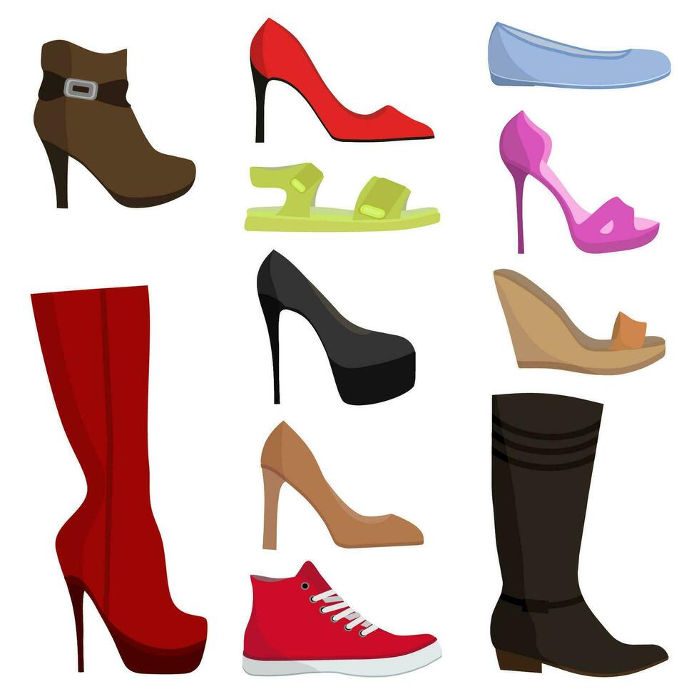 reeks van kleurrijk schoenen en laarzen voor Dames geïsoleerd Aan wit achtergrond. verzameling voor winkels en mode tekenfilm stijl balletten, sportschoenen, laarzen, flats. vector illustratie