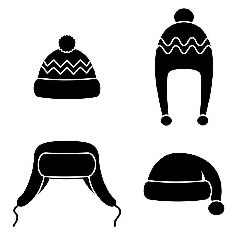 winter hoeden reeks zwart pictogrammen geïsoleerd Aan wit achtergrond. breiwerk hoofddeksels en petten voor verkoudheid het weer. buitenshuis kleding. vector illustratie.