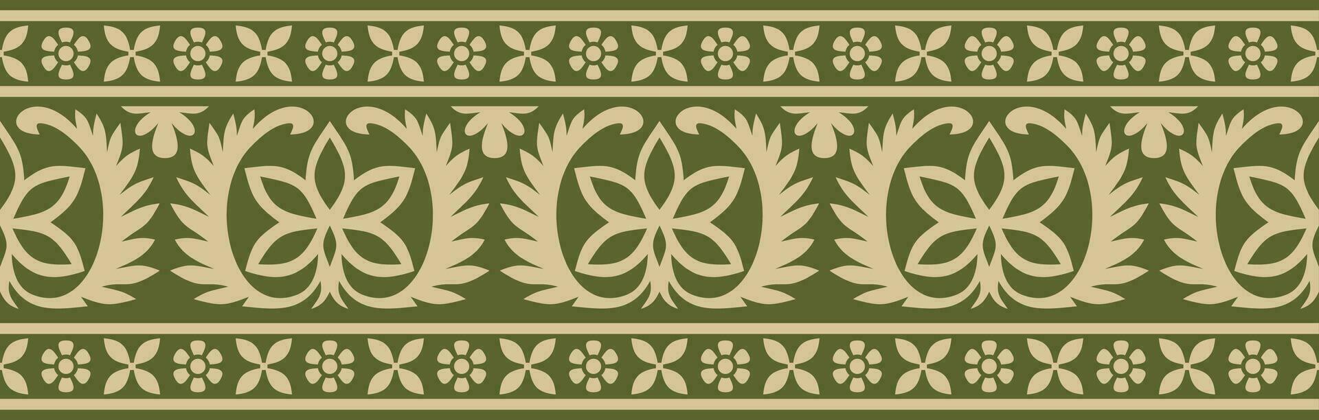 vector naadloos goud en groen Indisch nationaal ornament. etnisch eindeloos fabriek grens. bloemen kader. klaprozen en bladeren