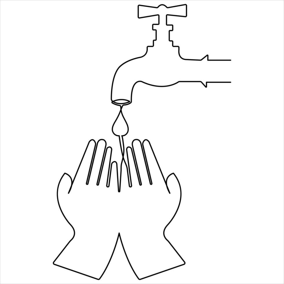 doorlopend een lijn kunst tekening water druppels Aan handen, wereld water dag concept schets vector illustratie