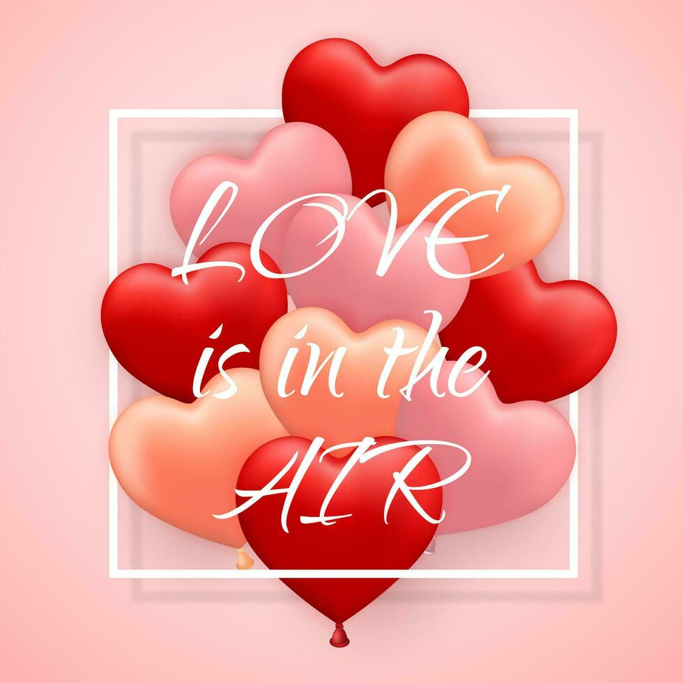 liefde is in hij lucht, gelukkig valentijnsdag dag, rood, roze en oranje ballon in het formulier van hart met lintje. vector illustratie