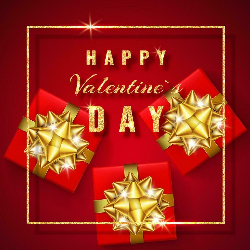 gelukkig valentijnsdag dag gouden schitteren fonkeling. rood geschenk doos met een goud boog en lint top visie. element voor decoratie geschenken, hartelijk groeten, vakantie. vector illustratie