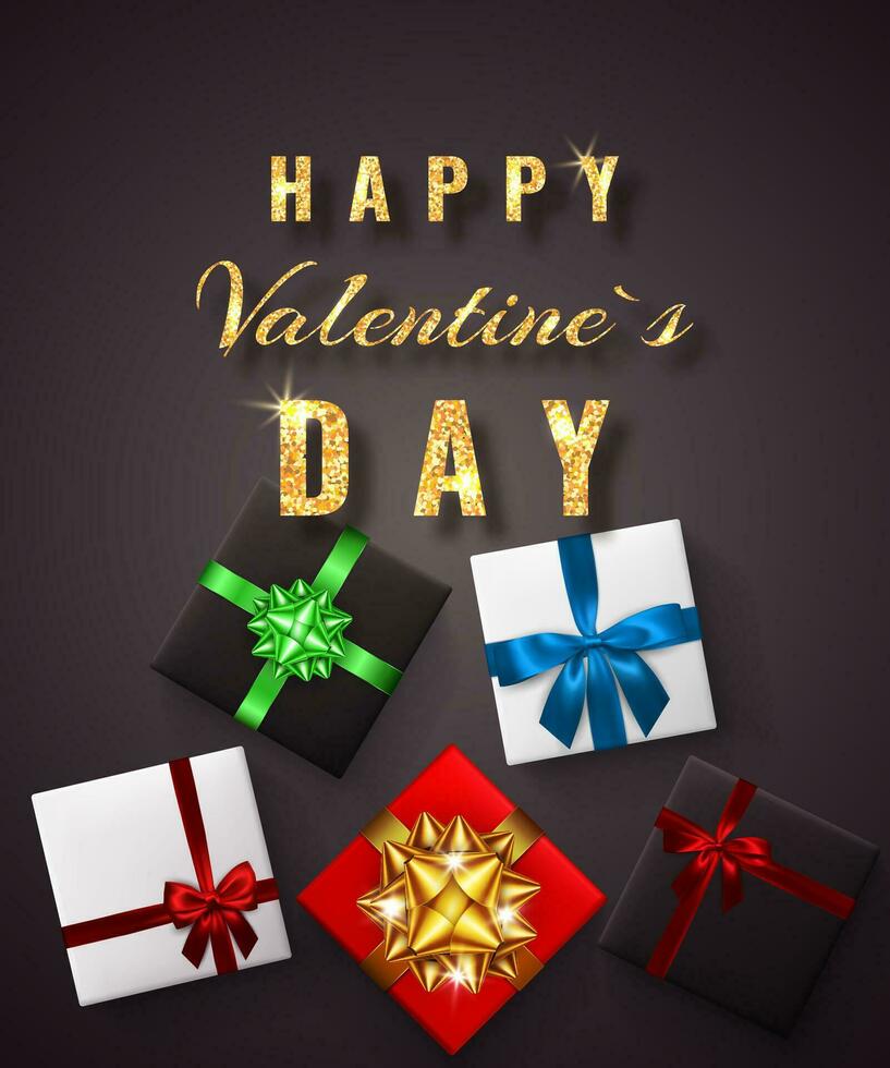 gelukkig valentijnsdag dag gouden schitteren fonkeling. geschenk doos met boog en lint top visie. element voor decoratie geschenken, hartelijk groeten, vakantie. vector illustratie