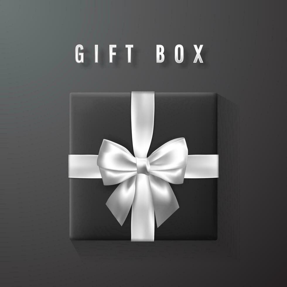 zwart geschenk doos met wit, zilver boog en lint top visie. element voor decoratie geschenken, hartelijk groeten, vakantie. vector illustratie