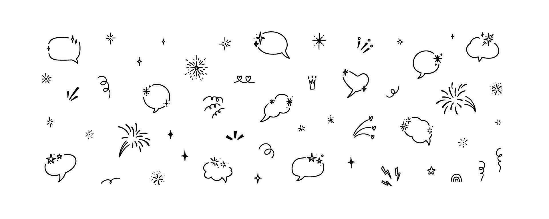 schattig lijn tekening toespraak bubbel, sterren, vuurwerk, hart, schitteren, vonken. viering verrassing hand- getrokken schetsen ontwerp elementen. grappig Japans manga stijl. denken wolk, gesprek, babbelen vector