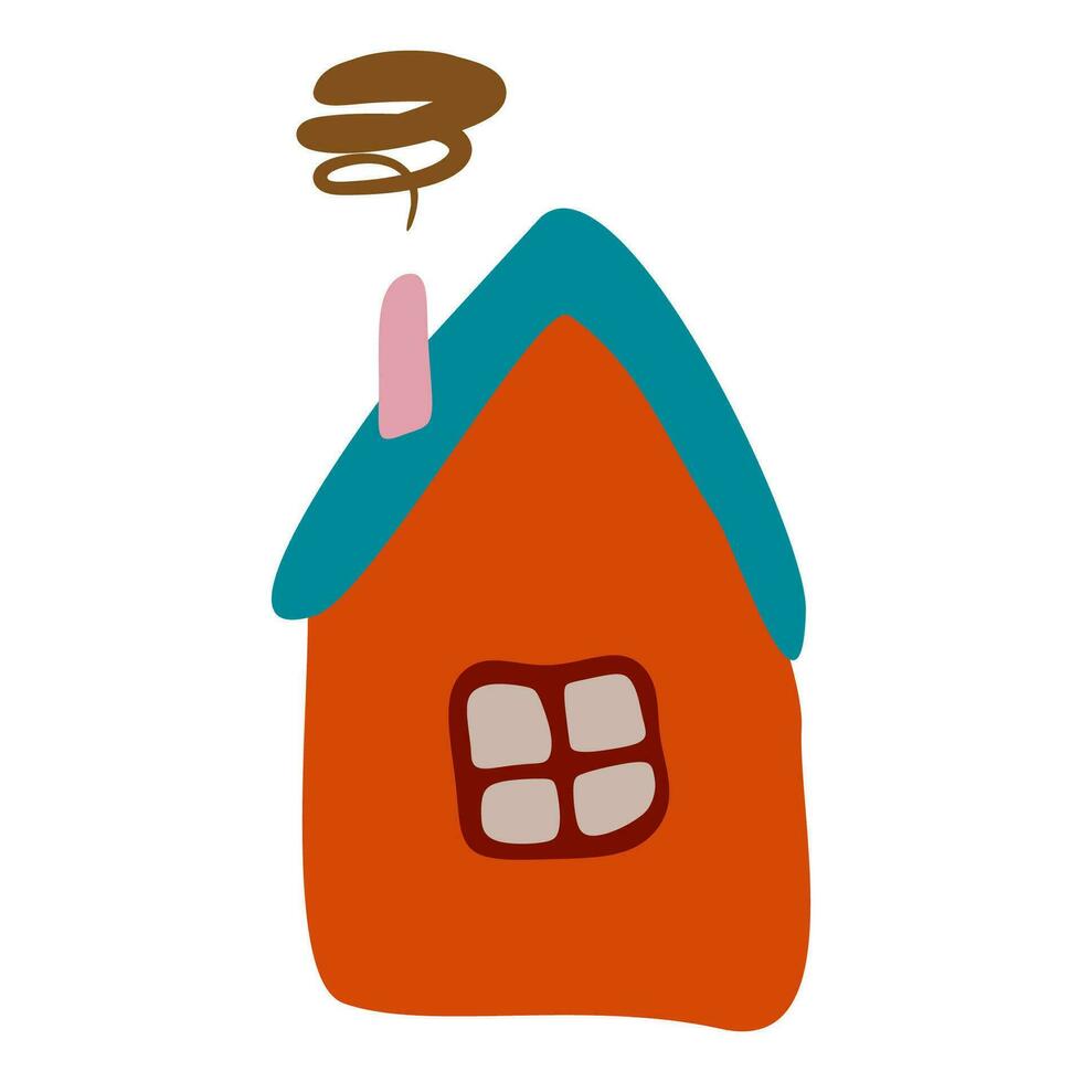 klein kleurrijk scheef huis in vlak stijl met rook van schoorsteen, dak en venster. tekenfilm kinderen tekening vector illustratie geïsoleerd wit achtergrond. ontwerp kunst huis voor sticker, kaart, poster.