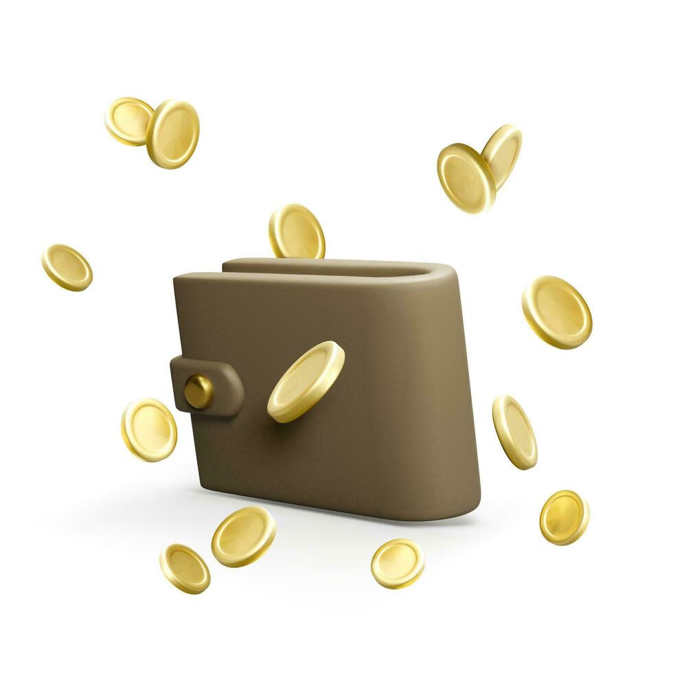 portemonnee met vliegend gouden munten in realistisch tekenfilm stijl. 3d handtas ontwerp element voor cashback concept. vector illustratie