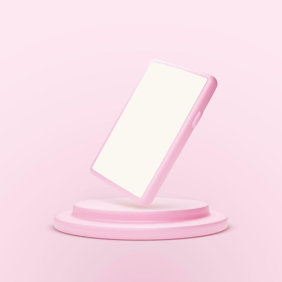 roze smartphone Aan platform. 3d mobiel telefoon sjabloon met leeg scherm. roze studio achtergrond. vector illustratie