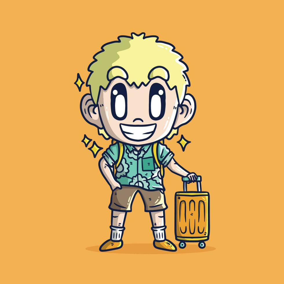 schattig jongen op reis Aan vakantie tekenfilm vector illustratie. hand- getrokken vector illustratie.