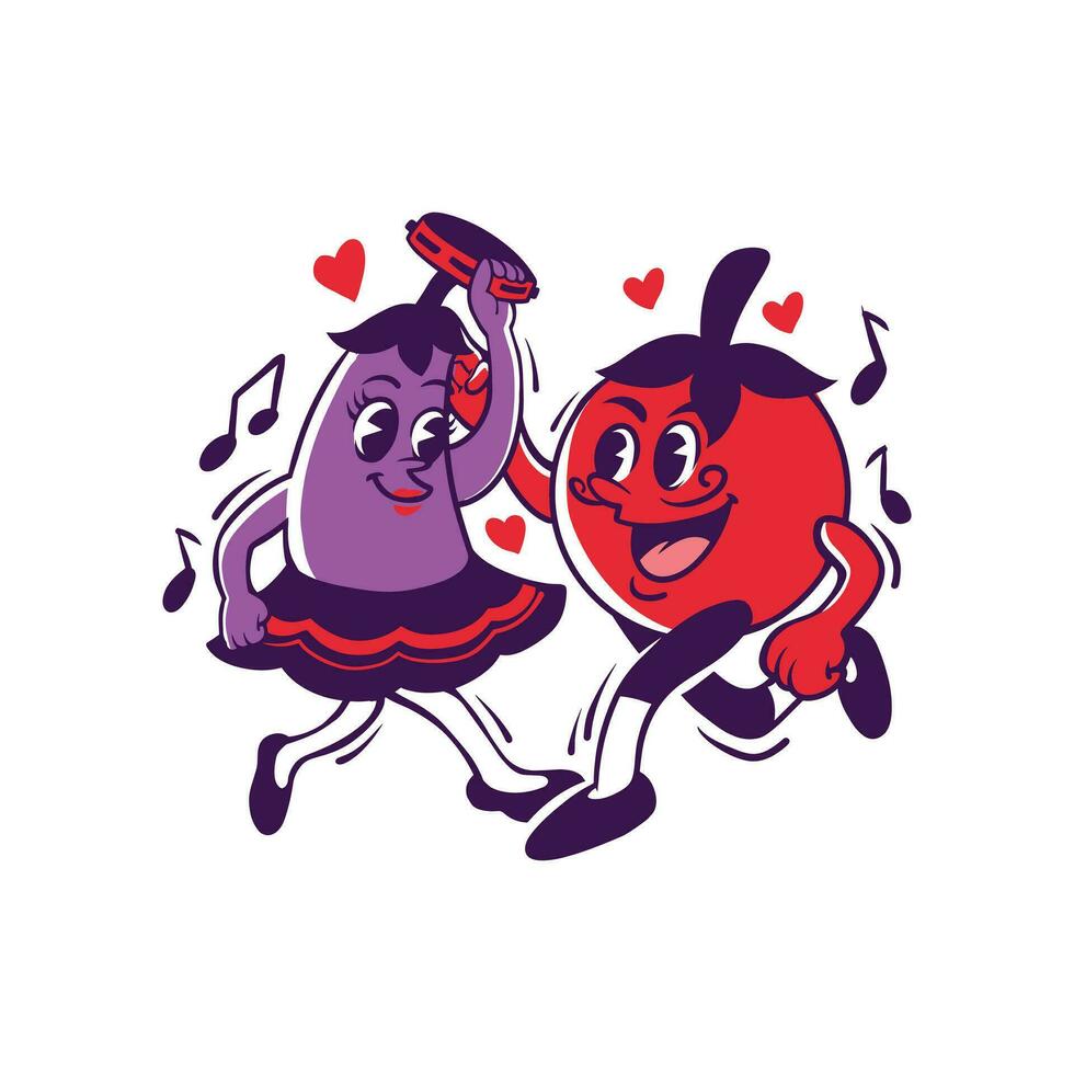 tomaat en aubergine dansen vector