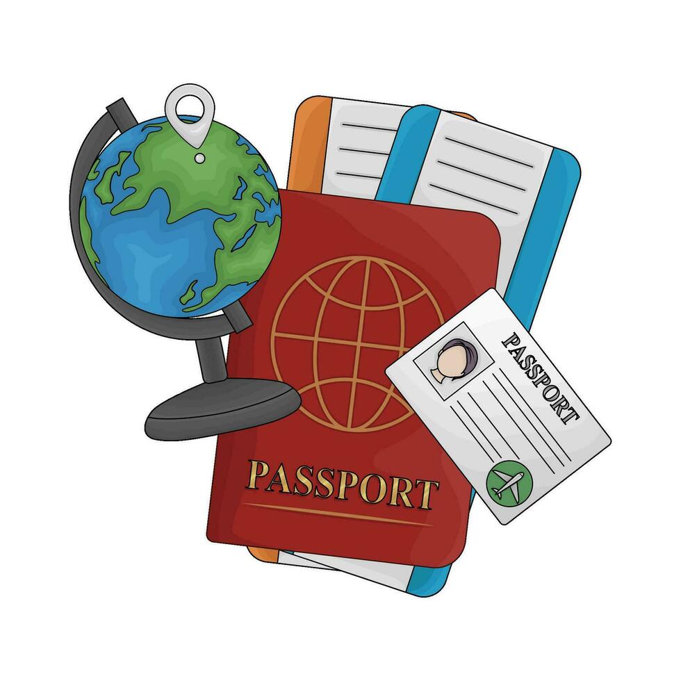 paspoort boek, ticket, paspoort ID kaart kaart met plaats in wereldbol illustratie vector