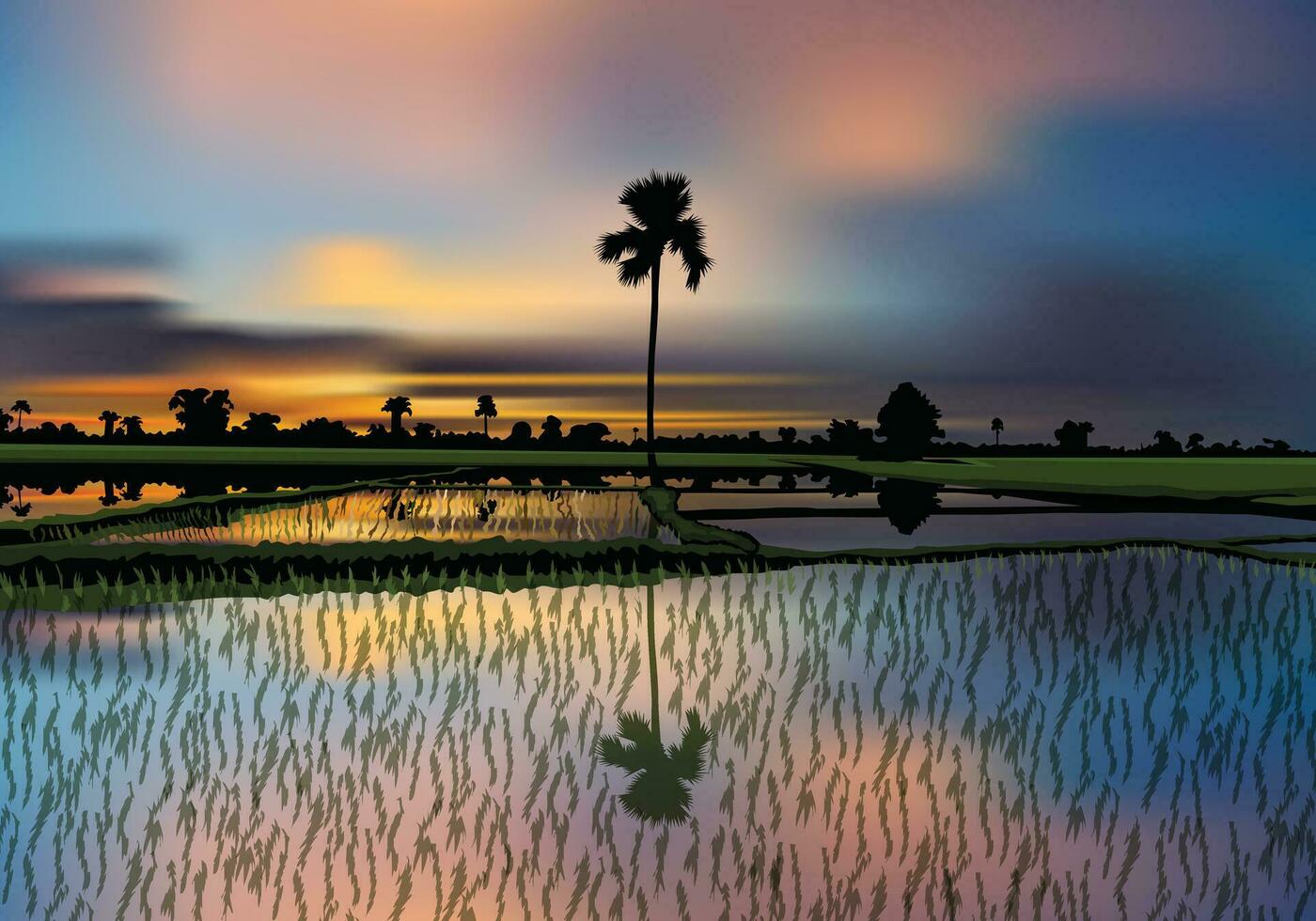 rijst- zaad zonsondergang landschap vector illustratie voor ieder ontwerp doeleinden