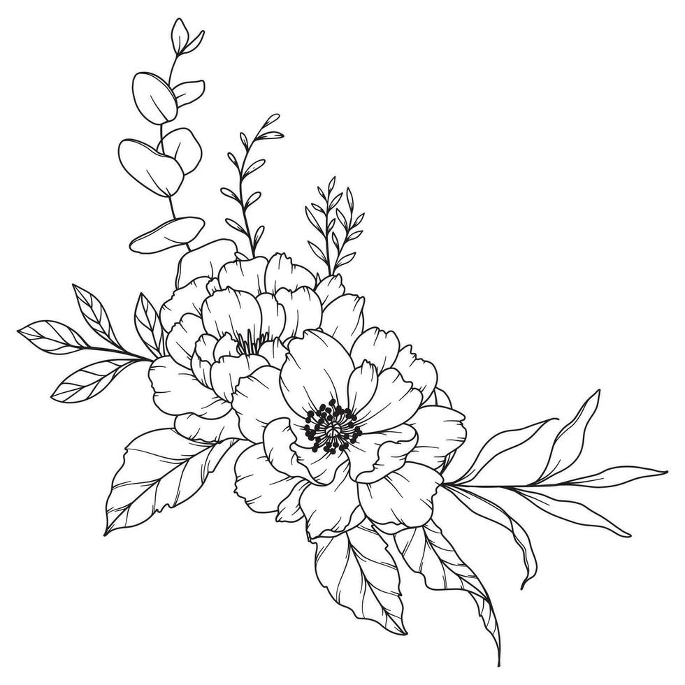 pioen lijn tekening. zwart en wit bloemen boeketten. bloem kleur bladzijde. bloemen lijn kunst. prima lijn pioen illustratie. hand- getrokken bloemen. botanisch kleuren. bruiloft uitnodiging bloemen vector