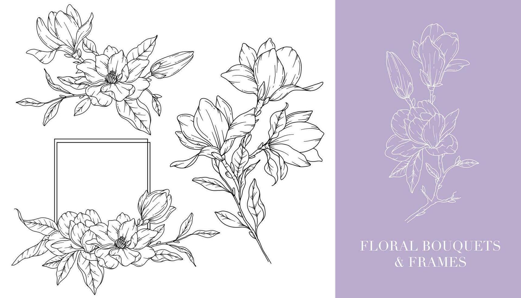 magnolia lijn tekening. bloemen kaders en boeketten. bloemen lijn kunst. prima lijn magnolia kaders hand- getrokken illustratie. hand- getrokken schets magnolia's. botanisch kleur bladzijde. magnolia geïsoleerd vector