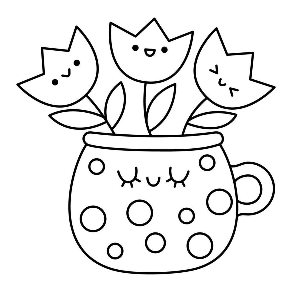 vector zwart en wit kawaii pot met tulpen icoon voor kinderen. schattig lijn Pasen symbool illustratie of kleur bladzijde. grappig tekenfilm karakter. aanbiddelijk voorjaar clip art met glimlachen kop en bloem