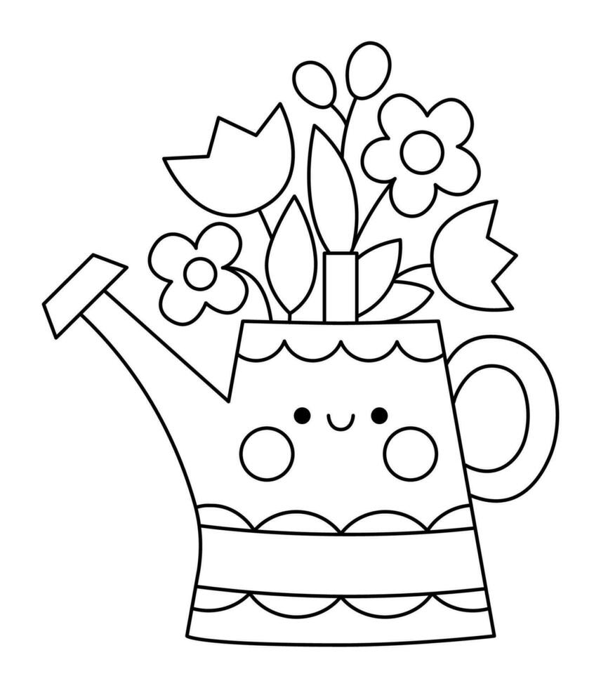 vector zwart en wit kawaii gieter kan met eerste bloemen icoon voor kinderen. schattig lijn Pasen symbool illustratie of kleur bladzijde. grappig tekenfilm karakter. aanbiddelijk voorjaar glimlachen pot
