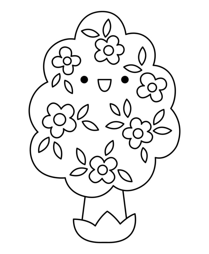 vector zwart en wit kawaii bloeiende boom icoon voor kinderen. schattig lijn Pasen symbool illustratie of kleur bladzijde. grappig tekenfilm karakter. aanbiddelijk voorjaar fabriek clip art