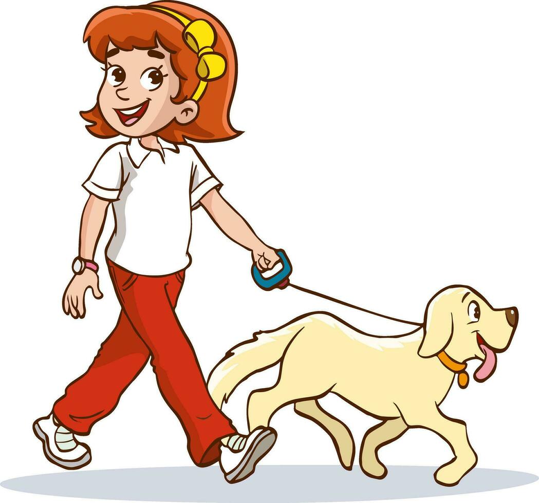 meisje wandelen met een hond. vector klem kunst illustratie met gemakkelijk hellingen. allemaal in een single laag.