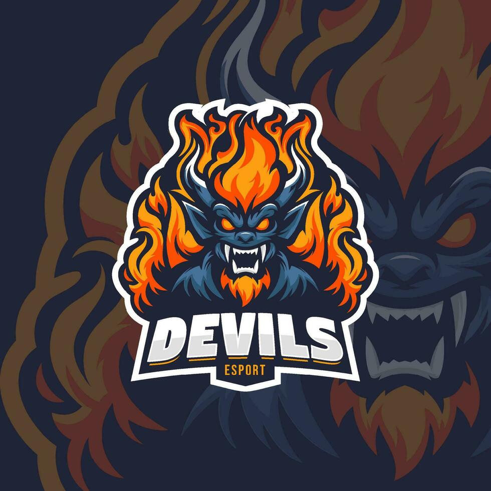 brand monster mascotte esport vector illustratie. vlam duivel gaming en sport team mascotte embleem.