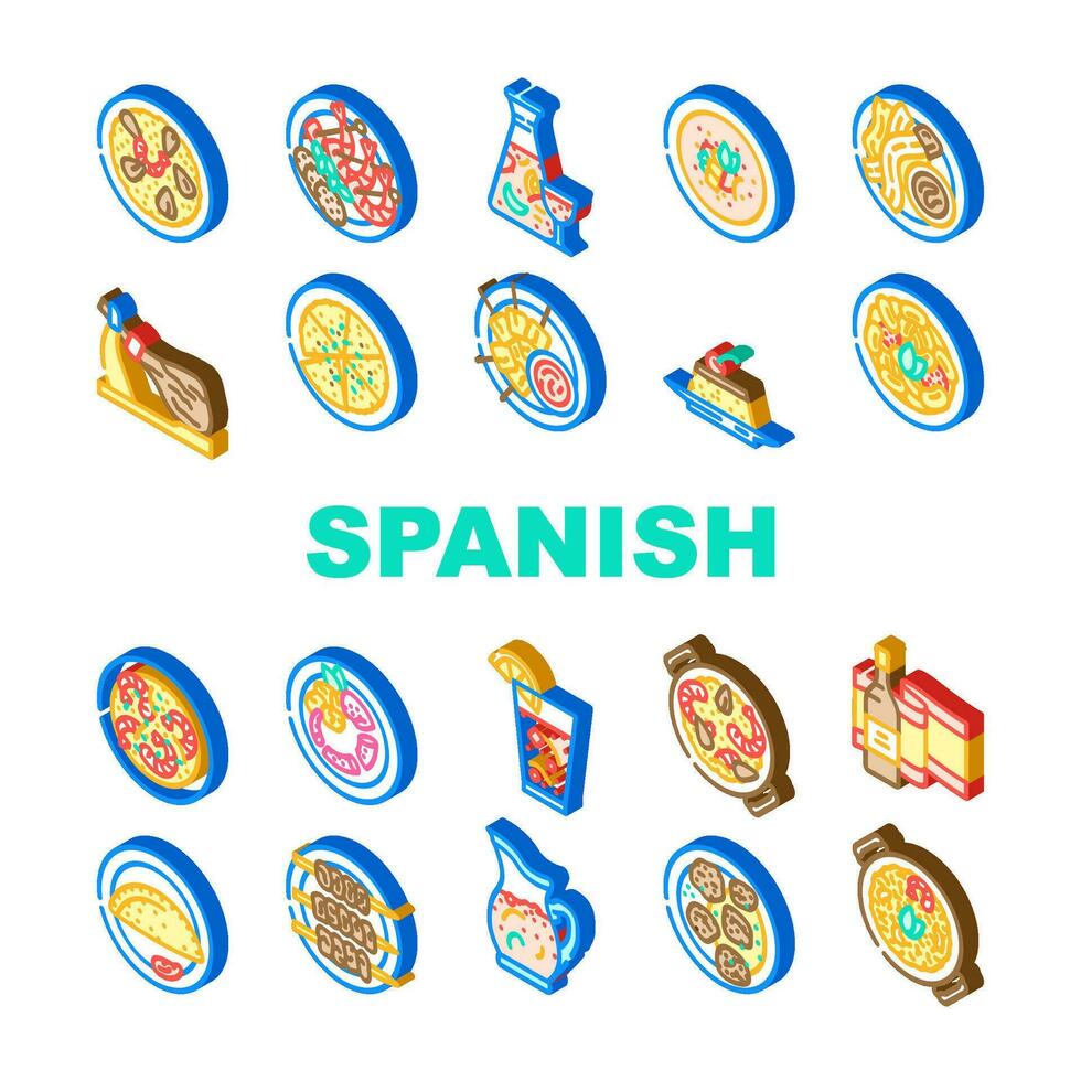 Spaans keuken voedsel Spanje paella pictogrammen reeks vector