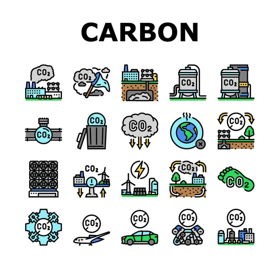 koolstof vastleggen co2 opslagruimte pictogrammen reeks vector