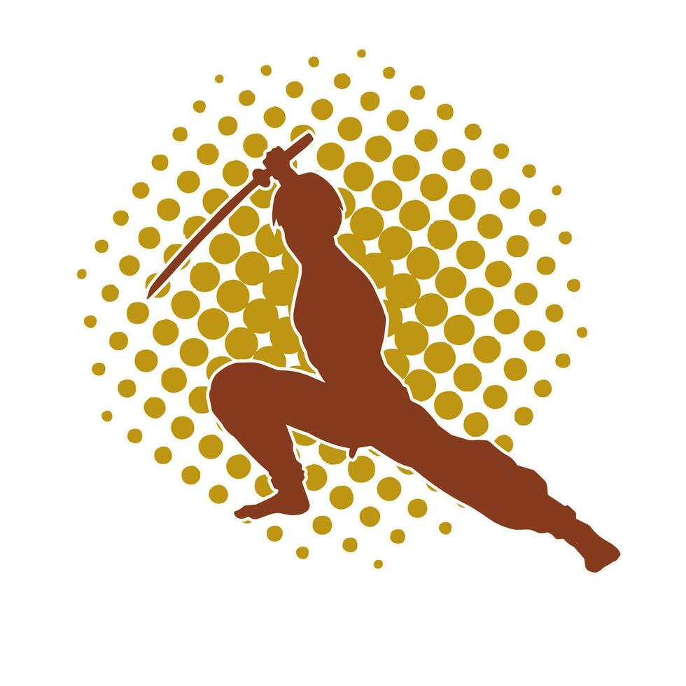 silhouet van een kungfu of wushu krijgshaftig kunst atleet in actie houding. silhouet van een mannetje krijgshaftig kunst persoon in houding met Zwaarden wapen. vector