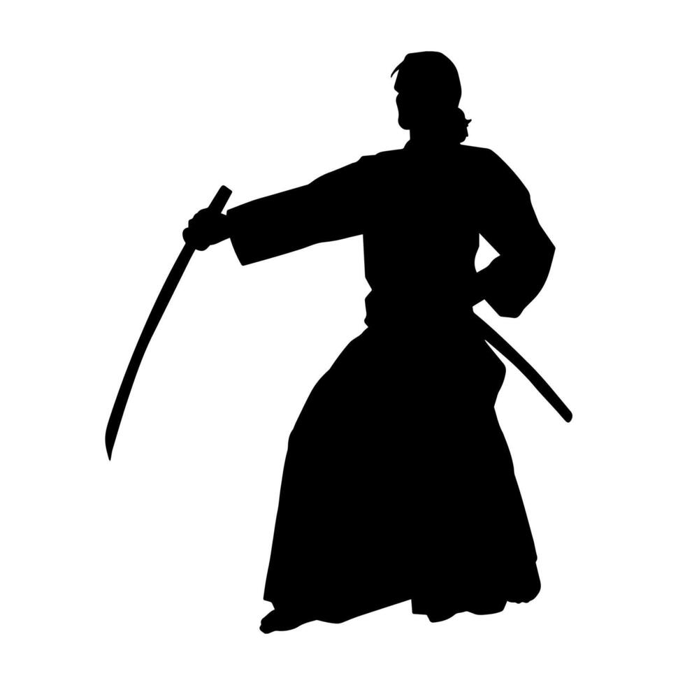 silhouet van een zwaard krijger in actie houding. silhouet van een krijgshaftig kunst persoon draag- zwaard wapen. silhouet van kendo krijgshaftig kunst houding. vector