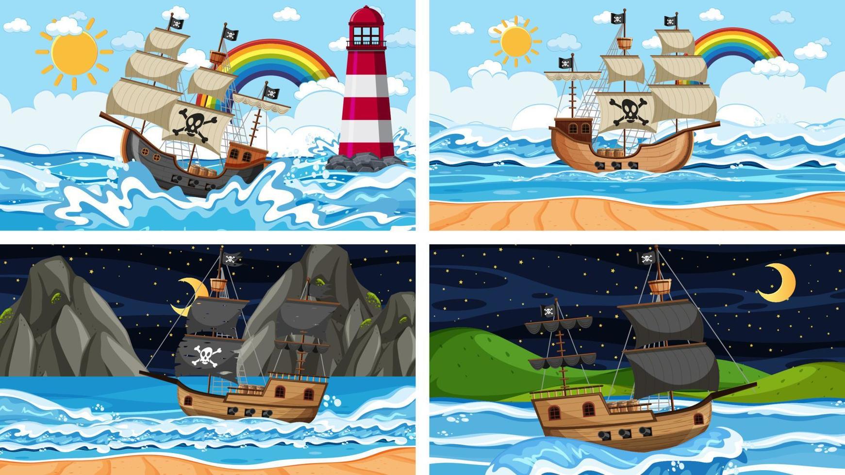 set van oceaan met piratenschip op verschillende tijdstippen scènes in cartoon-stijl vector