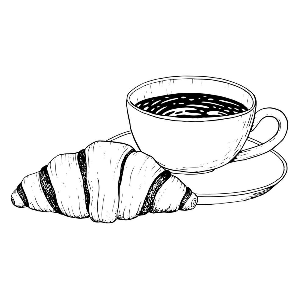 koffie kop met chocola en Frans croissant vector zwart en wit illustratie voor koffie pauze, ontbijt, menu's, uitnodigingen