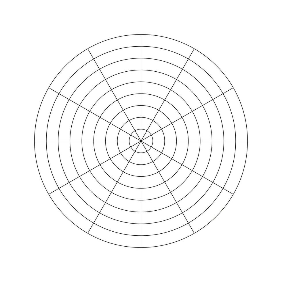 wiel van leven sjabloon. polair rooster van 12 segmenten en 8 concentrisch cirkels. coaching gereedschap voor visualiseren allemaal gebieden van leven. blanco polair diagram papier. cirkel diagram van leven stijl evenwicht. vector icoon.